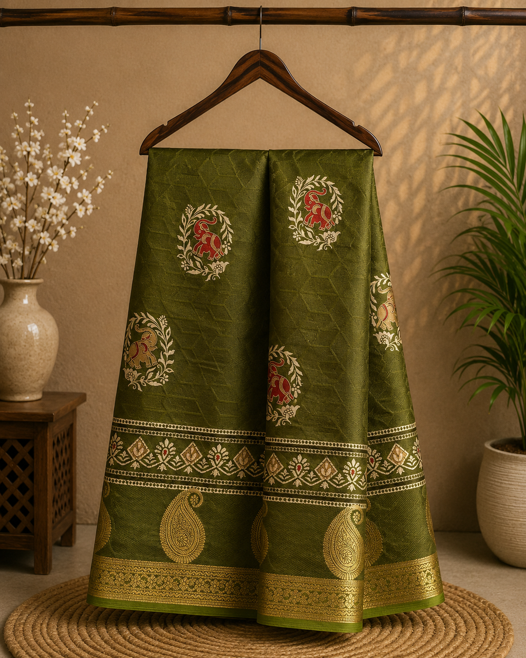 Elegant olive green shade, this saree features elephant motifs with delicate floral accents and a rich golden zari woven border - Foil Georjjett jacquard Saree