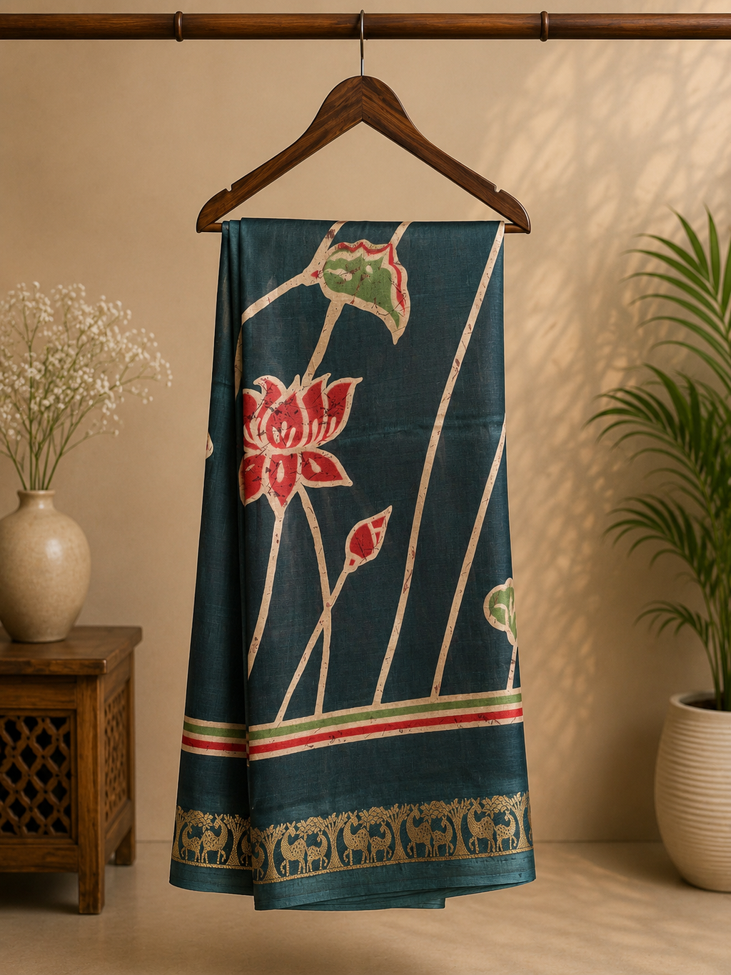 Elegant teal blue saree featuring a graceful lotus floral print with a beautifully woven golden elephant motif border - Satin Tissue Saree