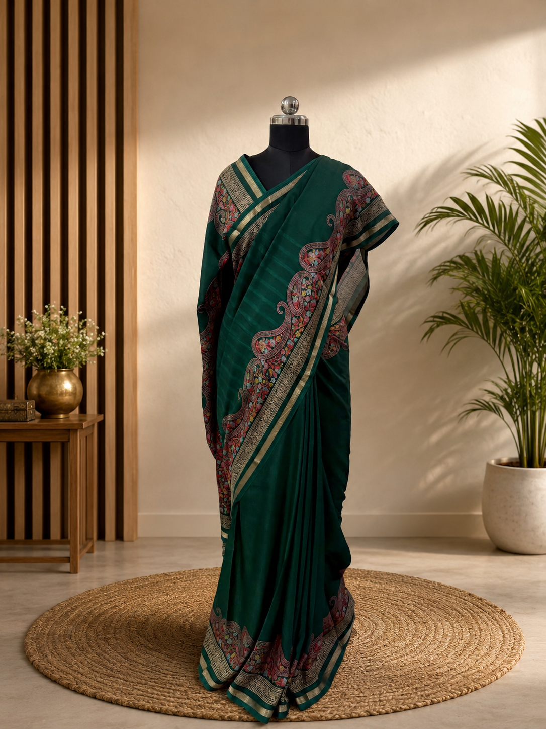 legant Heritage Inspired Saree With Traditional Motifs Comes With Green , Pink and Gold Zari Border Combination.