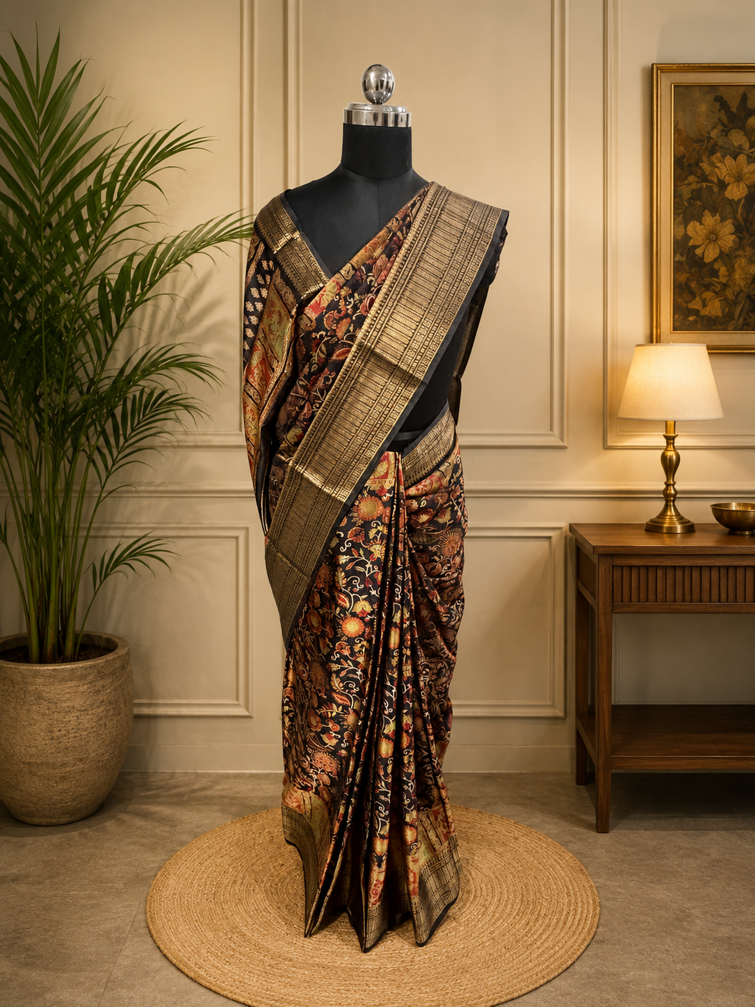 Elegant Saree Featuring a Rich Black Base with Incricate Floral and Motifs in Warm Gold, Rust and Beige Tones with Antique Gold Zari Weaving Border.