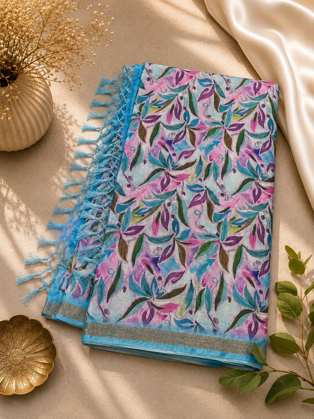 Beautiful Satin and Cotton Combination Saree with Floral design and Woven Border  ( pink, purple, teal, and green)