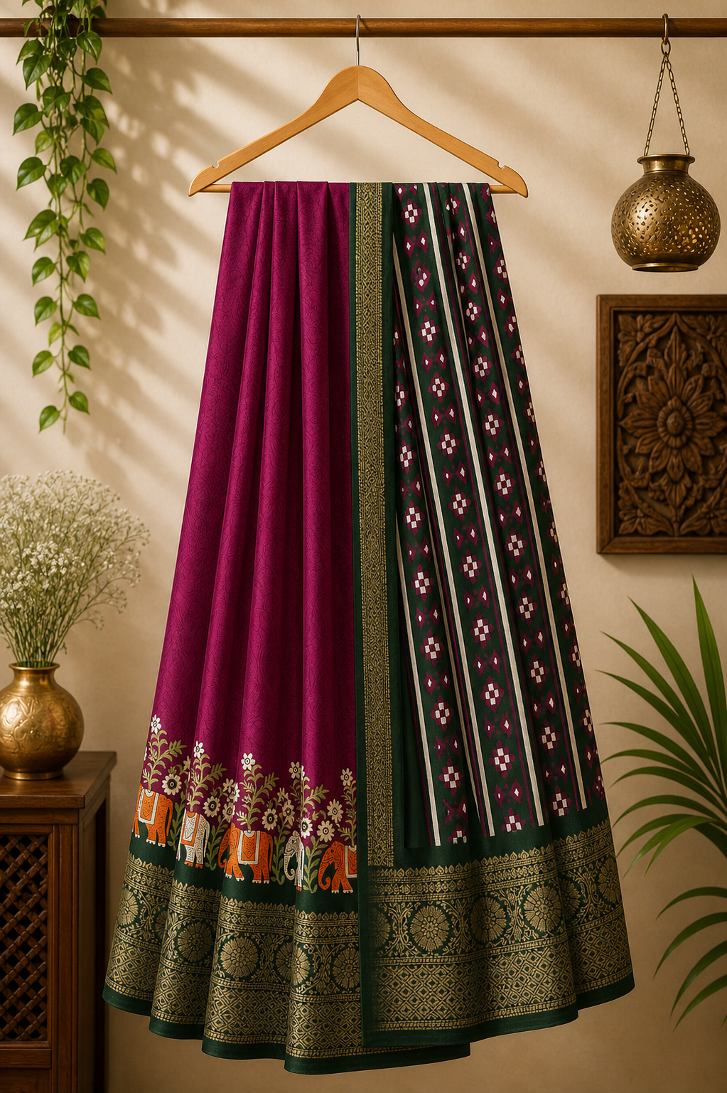Dola Silk Digital Printed - Elegant Wine and Green Combination with floral Border