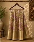 Elegant  beige-gold saree featuring soft floral prints in pastel pink and ivory with zari woven border - Fancy Saree Cotton Mix Satin Finish.