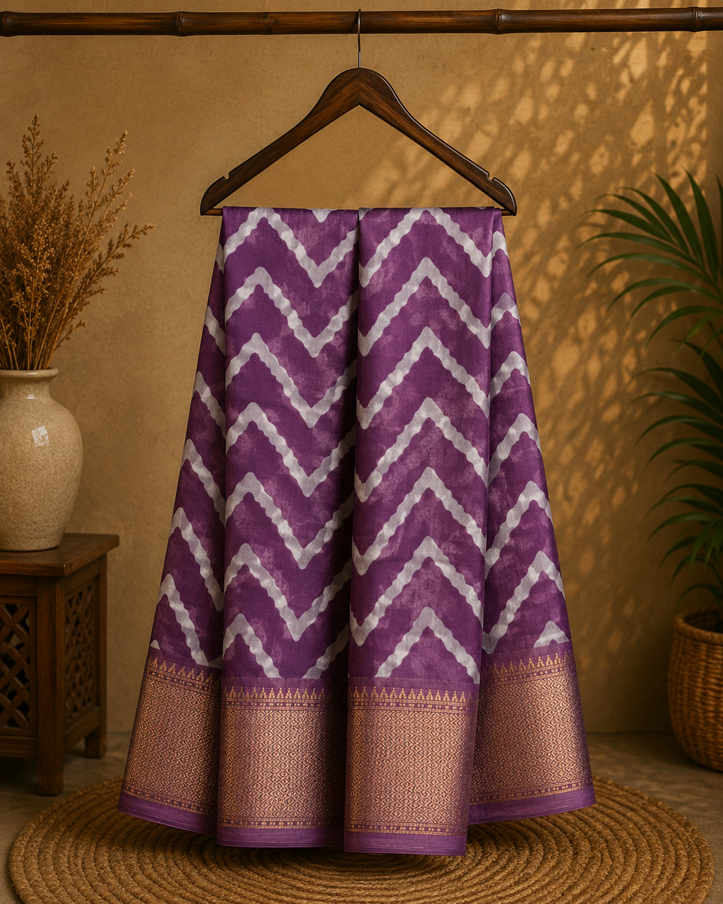 Elegant purple printed saree featuring bold white zigzag patterns and a rich zari border - Cotton tissue soft Saree