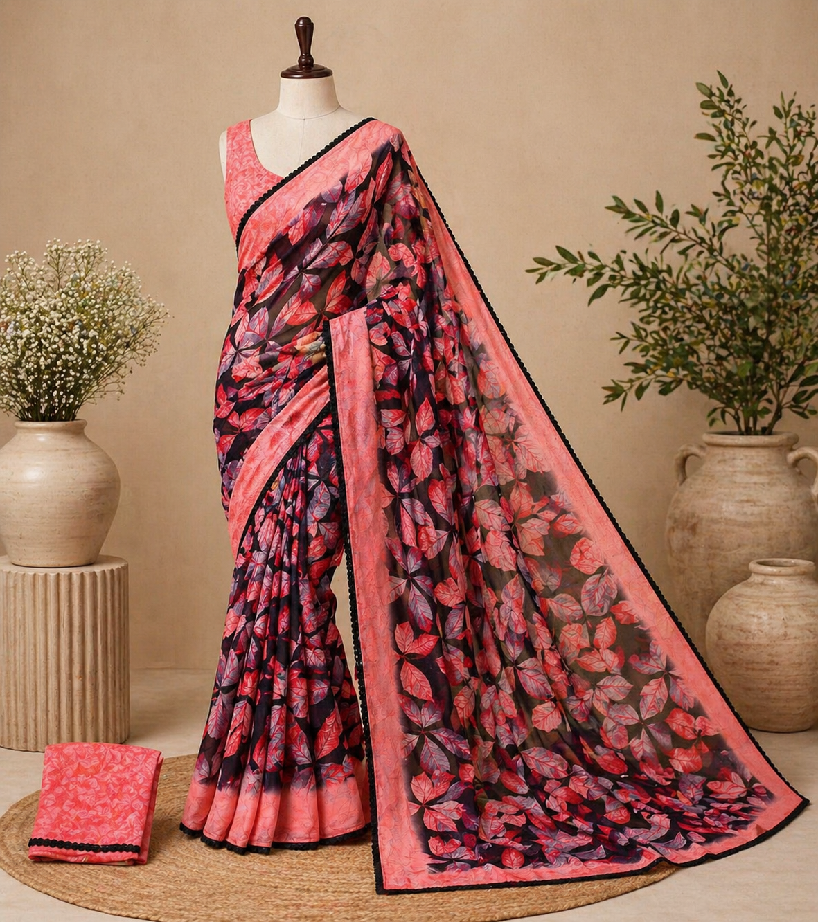 Gorgeous Pink & Black Leaf-Print Chiffon saree with a Black Lace Border!