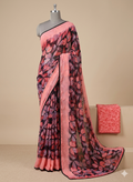 Gorgeous Pink & Black Leaf-Print Chiffon saree with a Black Lace Border!