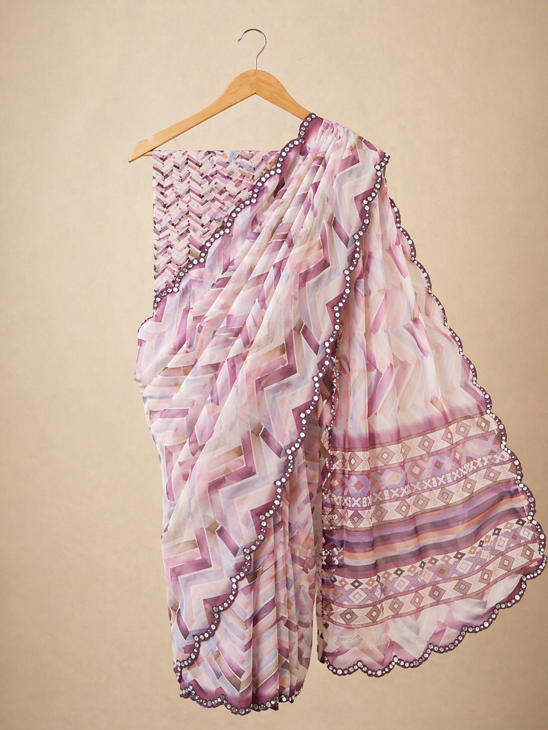 Mirror Work Star Georgette Saree - Light Pink and Multi Colour Combination