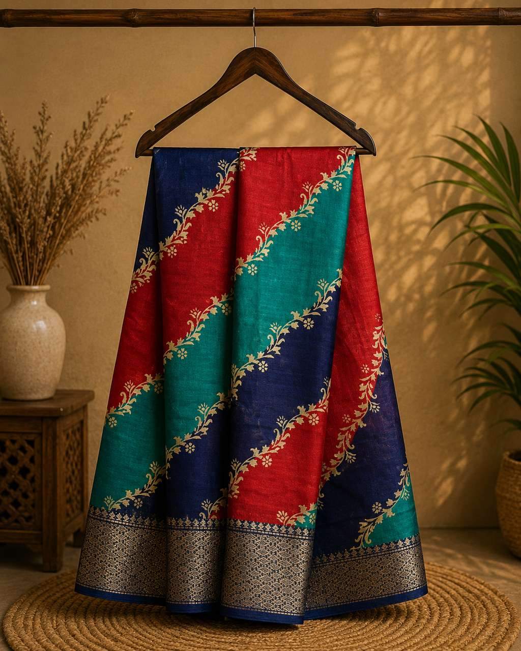 Elegant multicolor saree featuring vibrant diagonal stripes in red, teal, and navy blue, and a rich zari border- Cotton tissue soft Saree