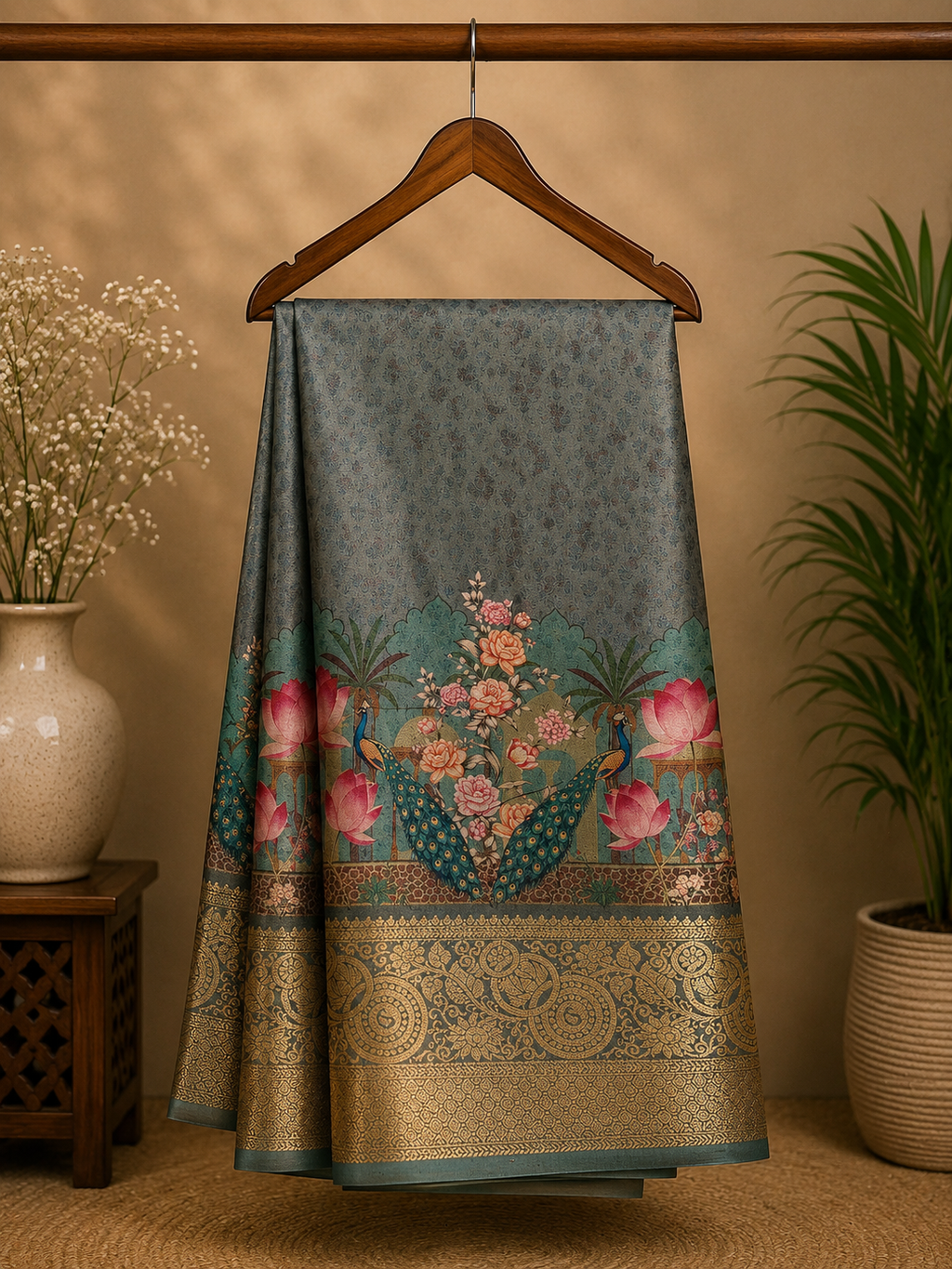 Elegant  grey-green saree featuring a beautifully detailed peacock, lotus, and floral print with rich zari border - Satin Tissue Saree