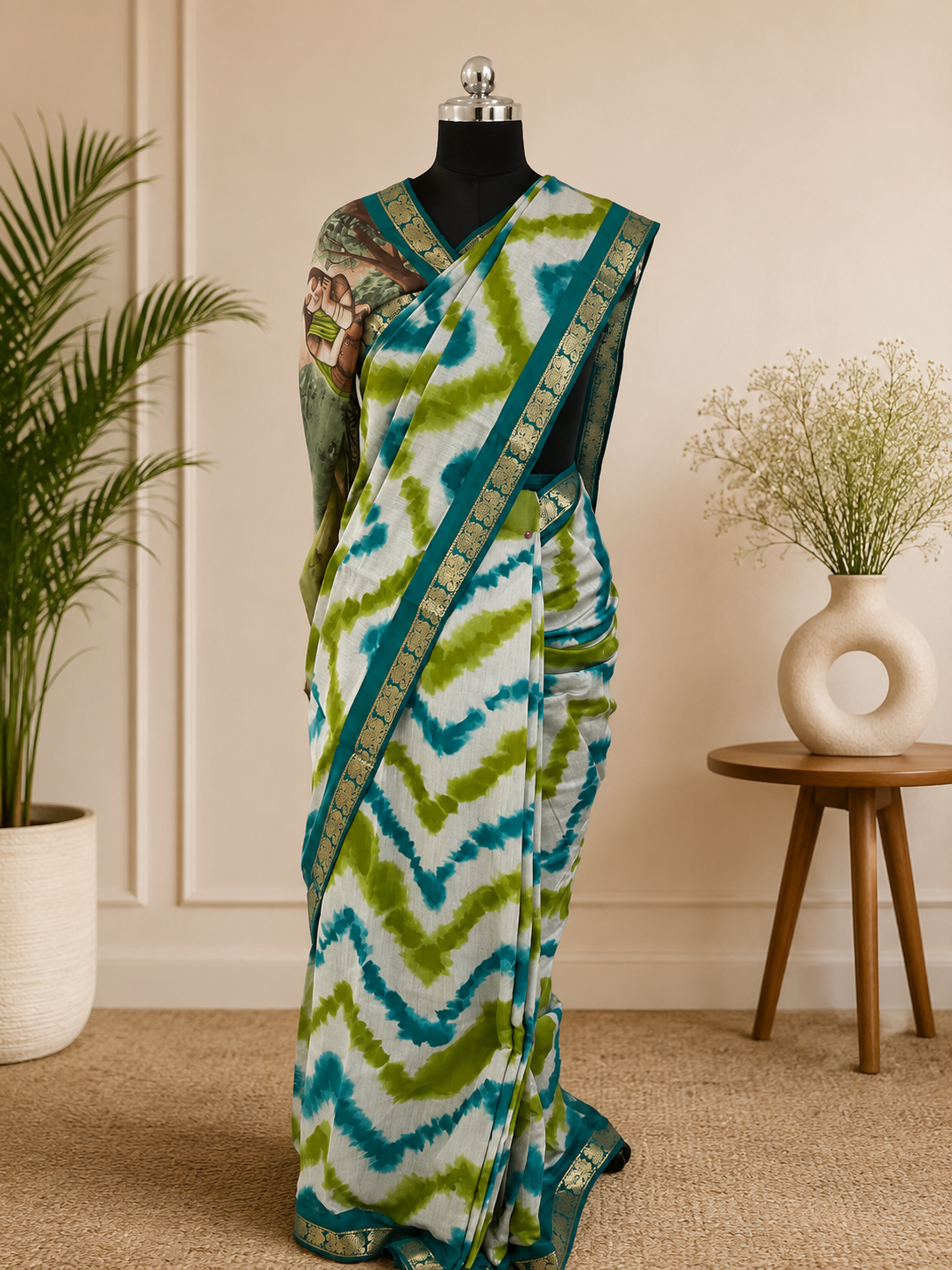 Elegant Soft Tie-Dye Cotton Silk Blend Saree with Teal Woven Border