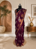 Beautiful Wine Purple Tussar Silk Saree with Golden Weaving Zari Border and Elephant Prints.