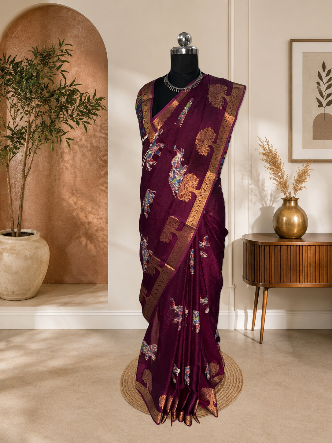 Beautiful Wine Purple Tussar Silk Saree with Golden Weaving Zari Border and Elephant Prints.