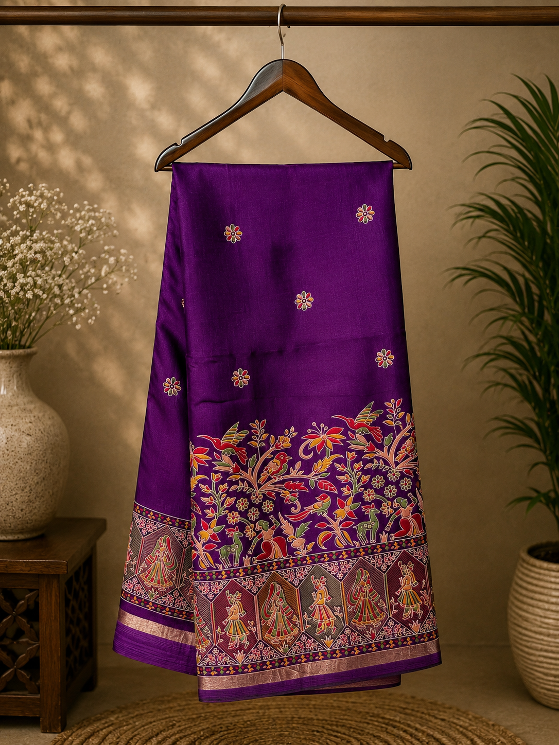 Elegant royal purple shade features delicate floral butta motifs across the body and subtle golden edging.