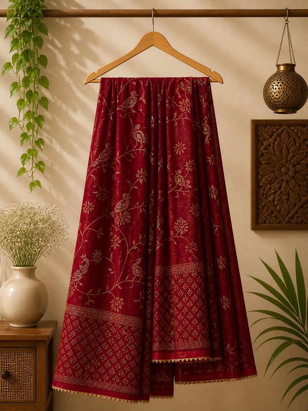 Elegant Deep Red Georgette Saree with Golden Floral design and Border with Tassel