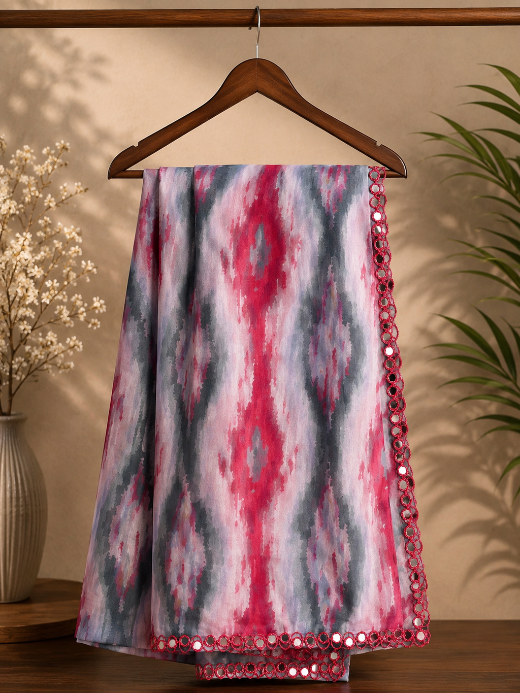 Mirror Work Star Georgette Saree - Pink and grey Colour Combination