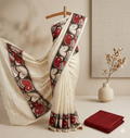 Stunning Cream Cotton Saree with Kalamkari Prints— Black Border Featuring Traditional Red & White Artistic motifs! with Tassels