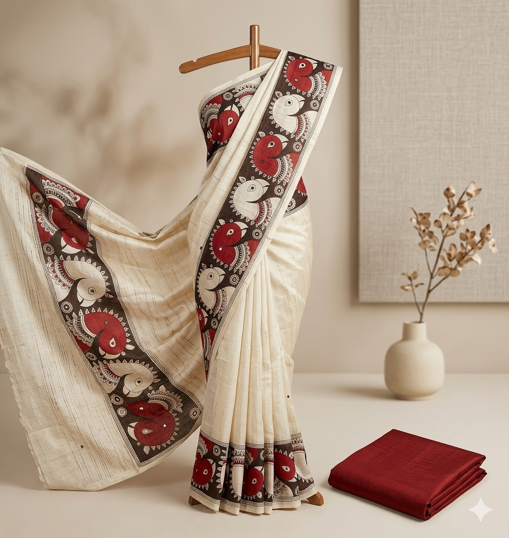 Stunning Cream Cotton Saree with Kalamkari Prints— Black Border Featuring Traditional Red & White Artistic motifs! with Tassels