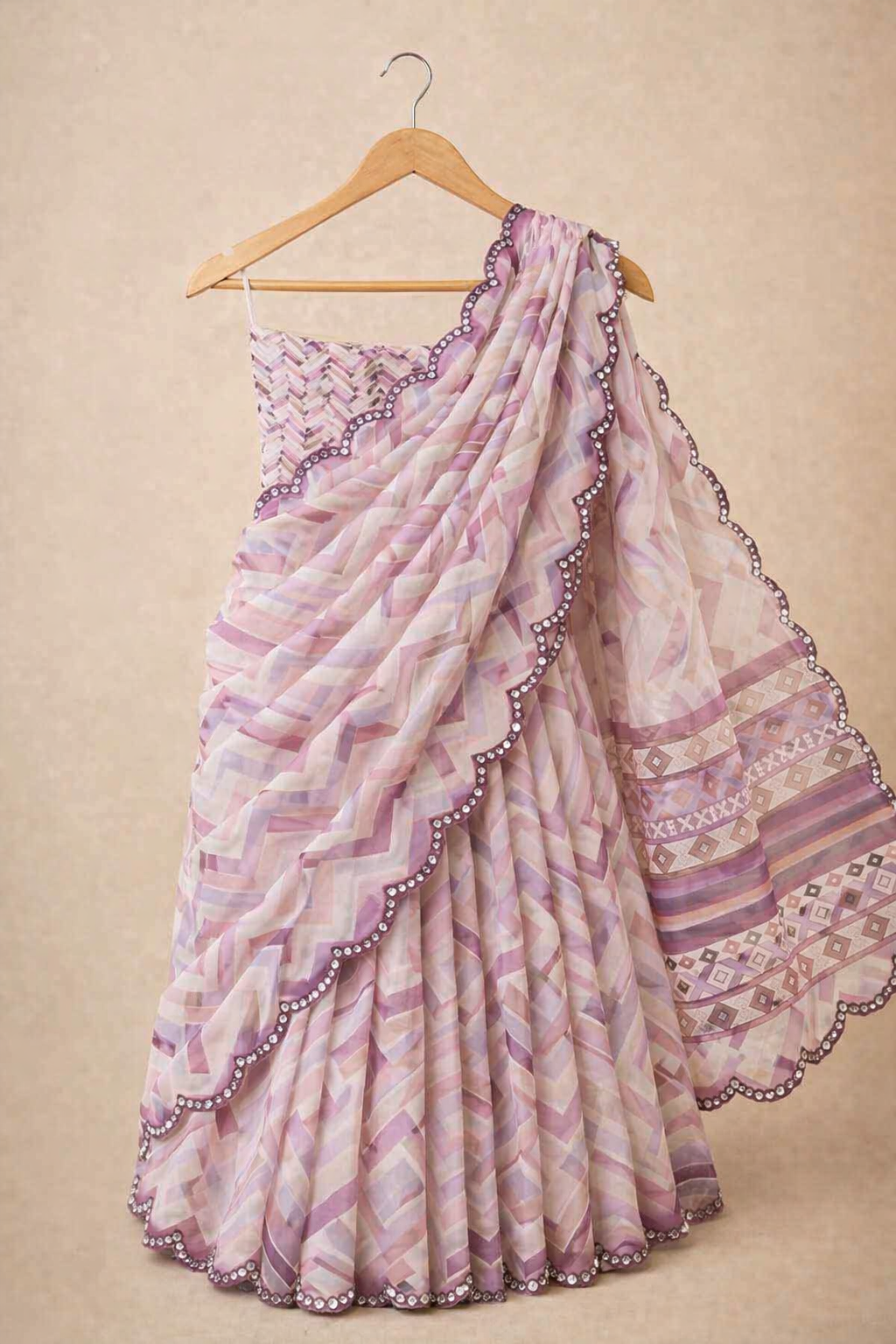 Mirror Work Star Georgette Saree - Light Pink and Multi Colour Combination