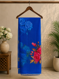 elegant royal blue saree featuring graceful floral rose prints in contrasting shades and Pearl Border- Chiffon Saree