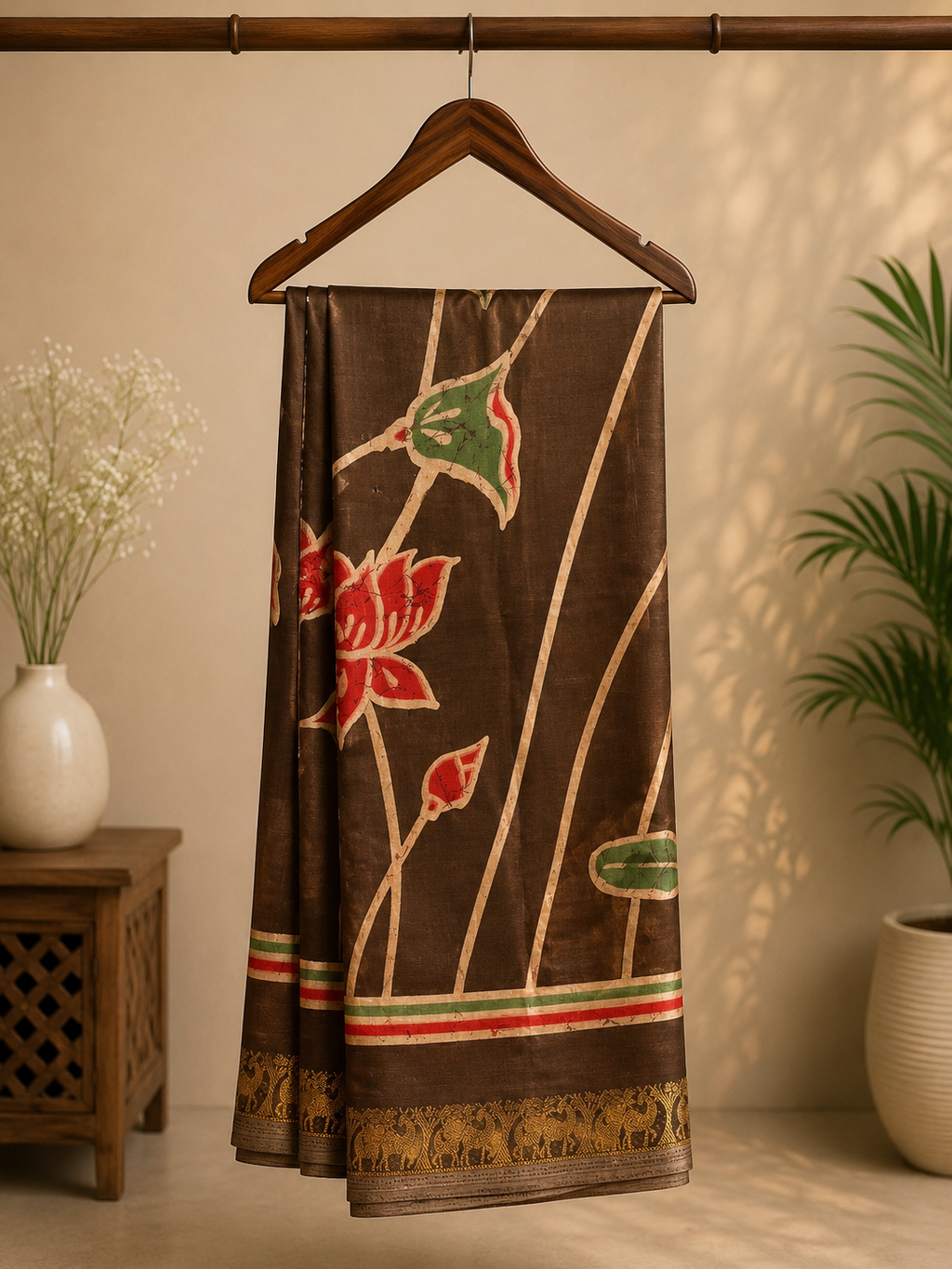 Elegant grey saree featuring a graceful lotus floral print with a beautiful golden motif border - Satin Tissue Saree (Copy)