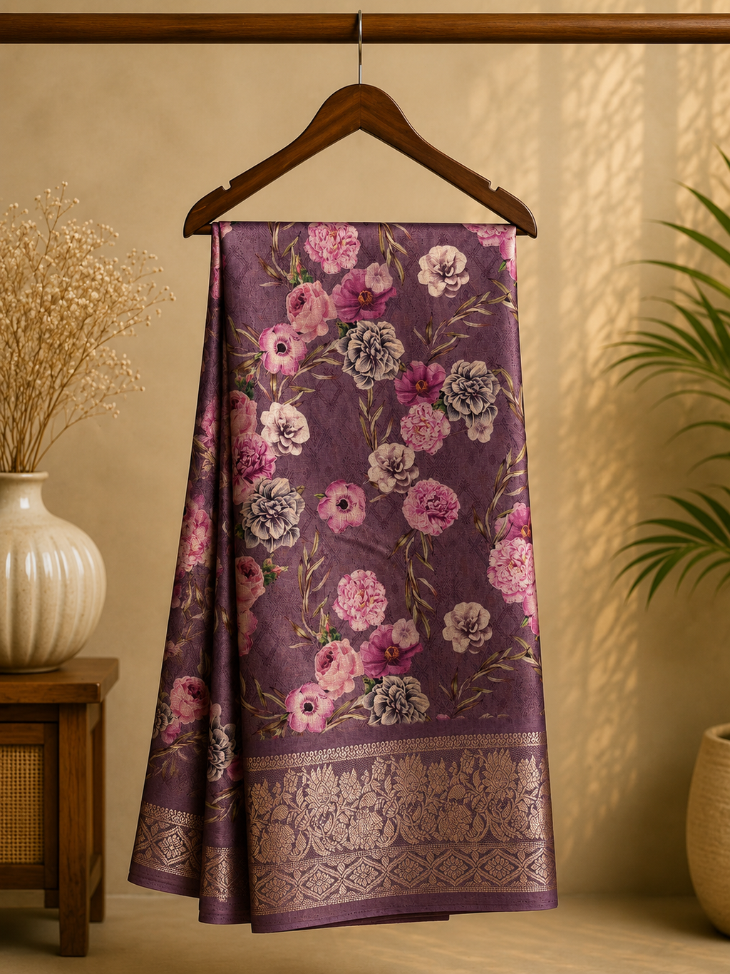 Elegant  purple floral printed saree features a beautiful all-over bloom pattern with rich woven zari border - Satin Tissue Saree