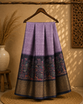 Elegant lavender-grey saree with floral prints and zari woven border - Khadi digital print Saree