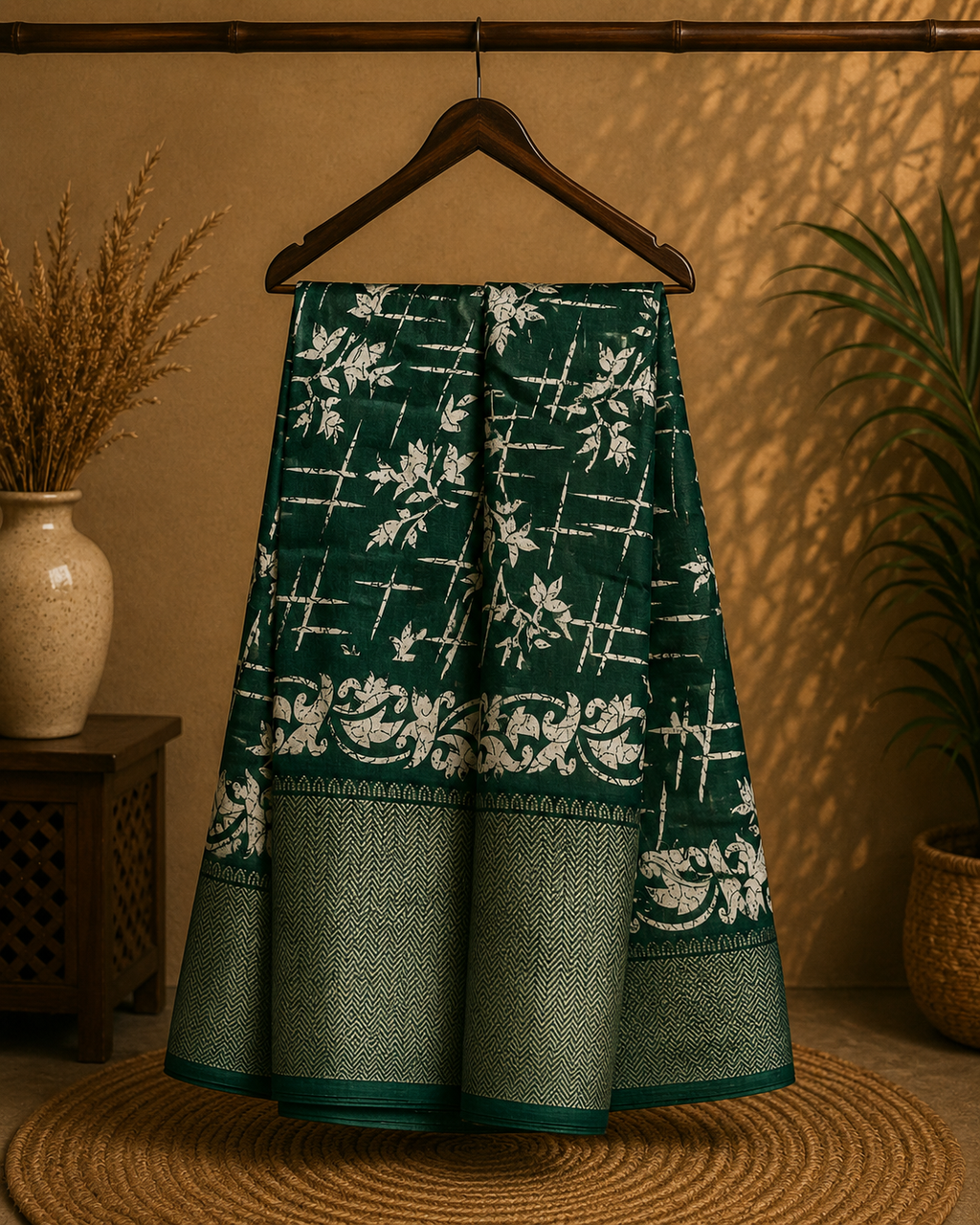Elegant bottle green saree features a graceful white floral and abstract print and a beautifully Zari border - Cotton tissue soft Saree
