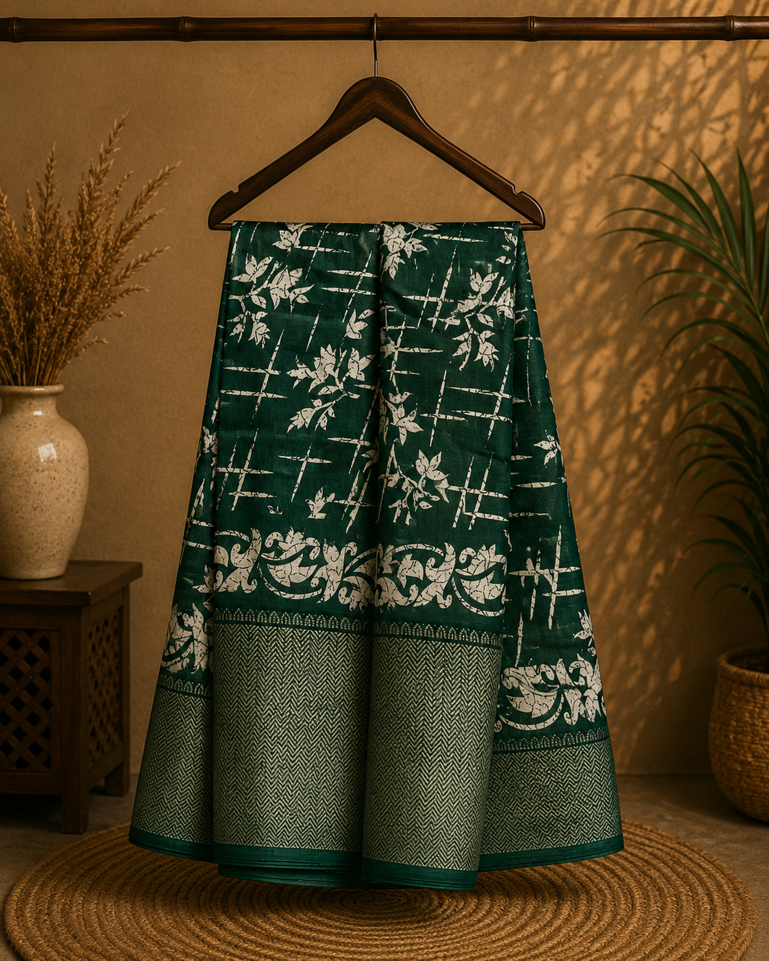 Elegant bottle green saree features a graceful white floral and abstract print and a beautifully Zari border - Cotton tissue soft Saree