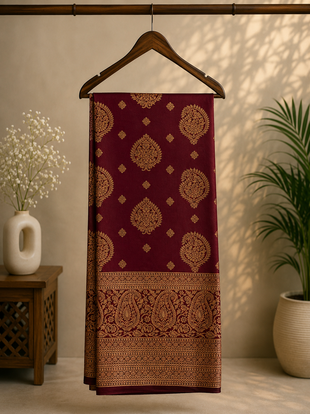 Beautiful Lichi Silk Maroon Saree with Gold Zari Border -  Traditional Motifs