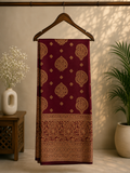 Beautiful Lichi Silk Maroon Saree with Gold Zari Border -  Traditional Motifs