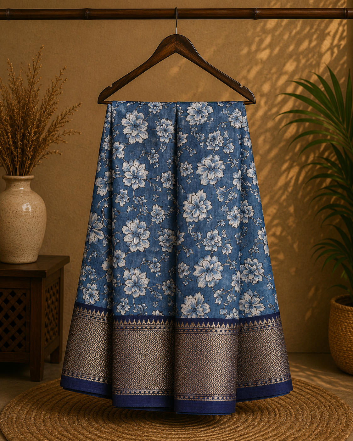 Elegant blue floral printed saree, beautifully adorned with delicate white blossom motifs and complemented by a rich navy blue zari border- Cotton tissue soft Saree