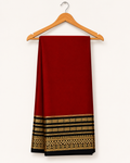 Beautiful Crepe Semi Silk Saree with Striking Combination Of Rust Orange with Black and gold border, giving it a Regal and Elegant look.