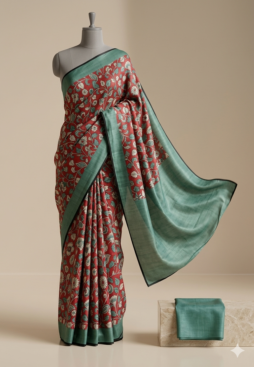 Stunning Red & Teal Blue Cotton Saree with Kalamkari Floral Prints - with Tassels