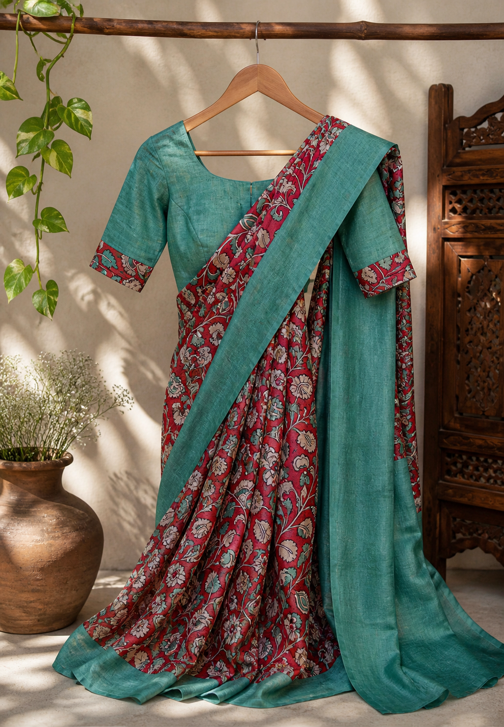 Stunning Red & Teal Blue Cotton Saree with Kalamkari Floral Prints - with Tassels