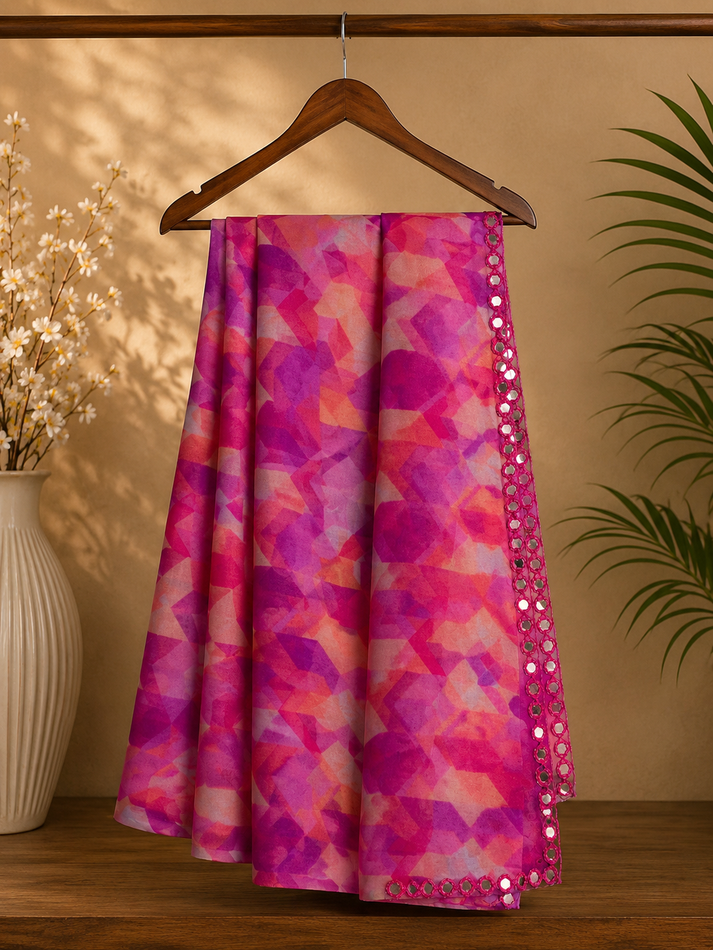Mirror Work Star Georgette Saree - Pink and peach Colour Combination