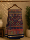 Elegant Navy blue saree, adorned with intricate multicolor ethnic prints and artistic motifs and  subtle golden edging.