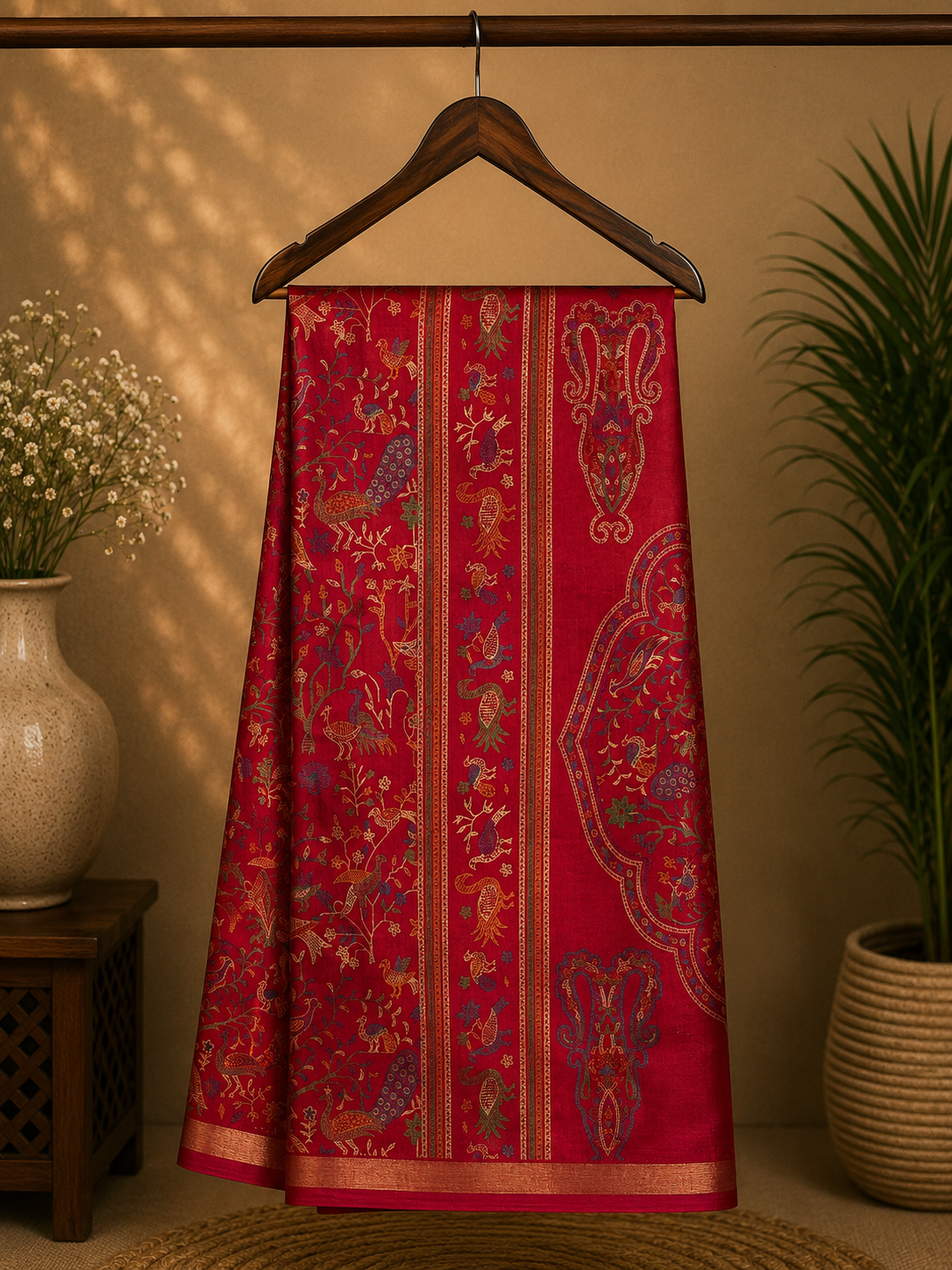 Elegant crimson red saree adorned with intricate heritage-inspired motifs and subtle golden edging.