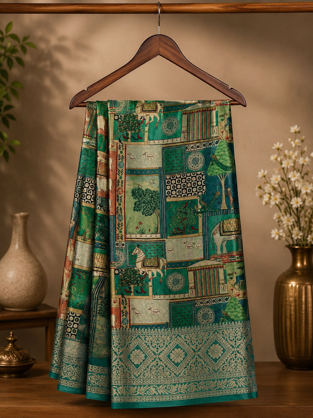 Elegant teal green printed saree featuring intricate heritage-inspired patchwork designs with rich woven zari border - Satin Tissue Saree