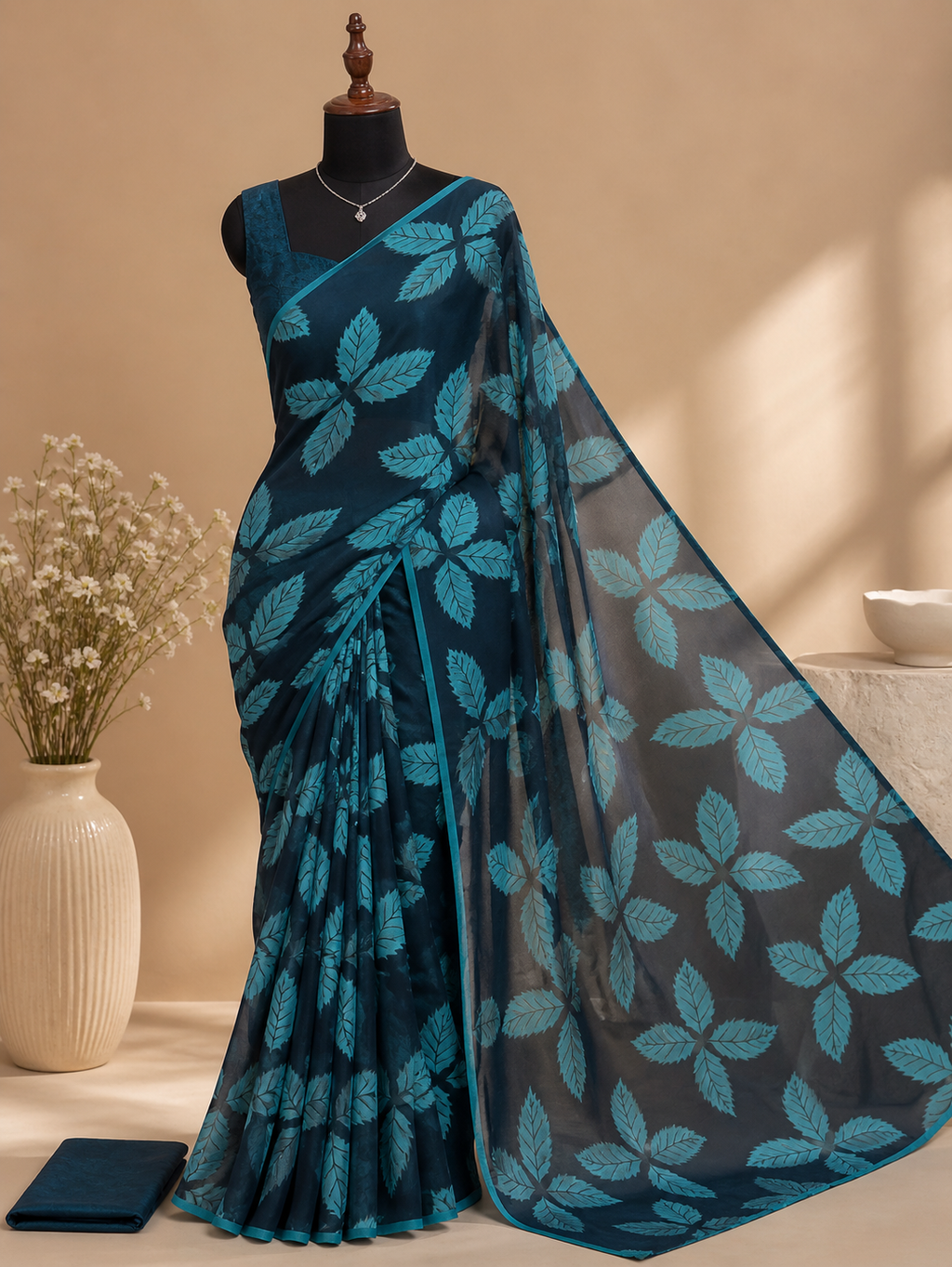 Gorgeous Teal Blue Chiffon Saree with Beautiful Light Blue Leaf Prints with Tassels