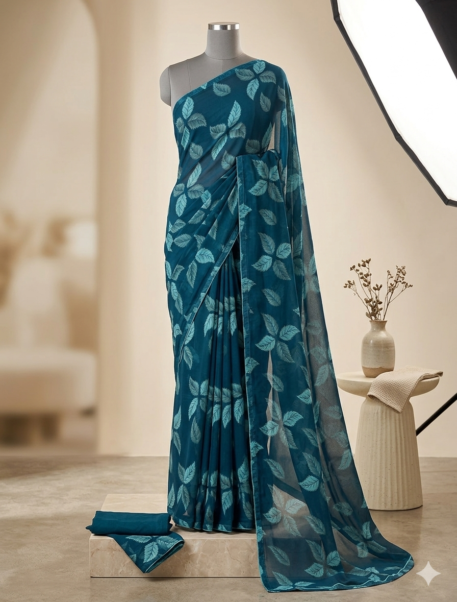 Gorgeous Teal Blue Chiffon Saree with Beautiful Light Blue Leaf Prints with Tassels