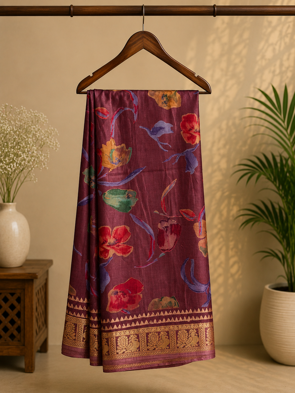Elegant mauve-purple saree featuring a graceful floral print in vibrant shades of red, blue, and green. Accentuated with a rich golden woven border - Satin Tissue Saree