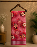 beautiful pink floral printed saree with Zari Line Border - Cotton