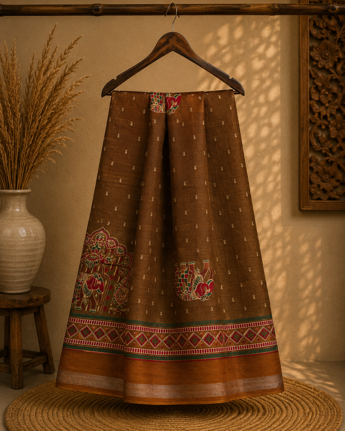 Gracefully designed in a rich Brown - Green  shade, this saree features elegant elephant and heritage-inspired temple motifs Zari Line border- Cotton silk soft Saree (Copy)