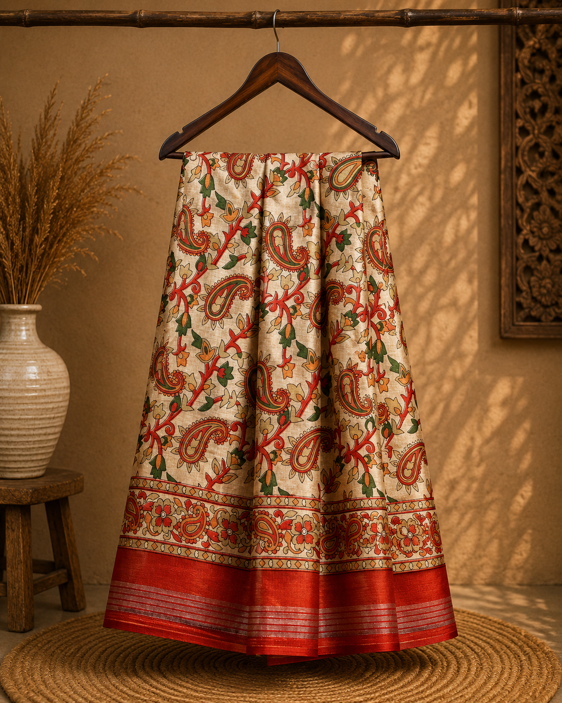 Elegant cream-colored saree featuring beautiful Orange paisley with floral prints and silver zari line border - Cotton silk soft Saree