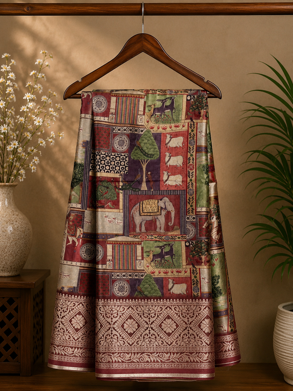 Elegant  maroon heritage-print saree featuring intricate patchwork-inspired motifs with rich woven zari border - Satin Tissue Saree