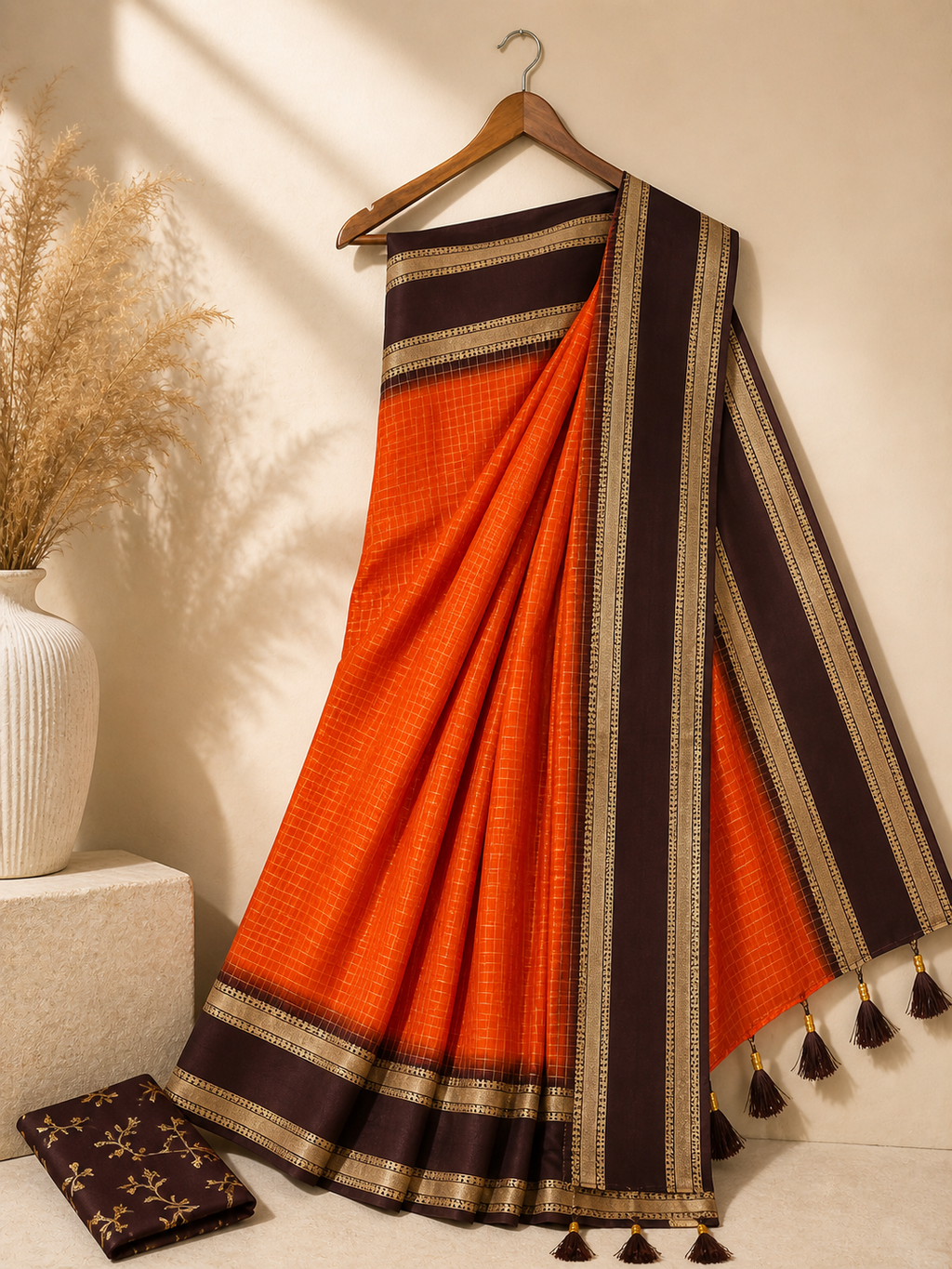 Gorgeous Orange & Deep Maroon Georgette Mix Semi Silk Saree with Gold Zari Border Stripes, Tassels and a matching Dark Floral Blouse Piece