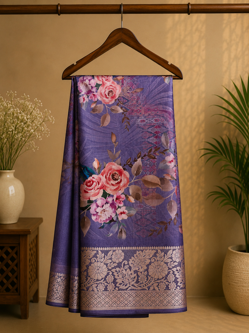 Elegant  lavender-purple saree featuring beautiful floral prints with rich woven zari border - Satin Tissue Saree