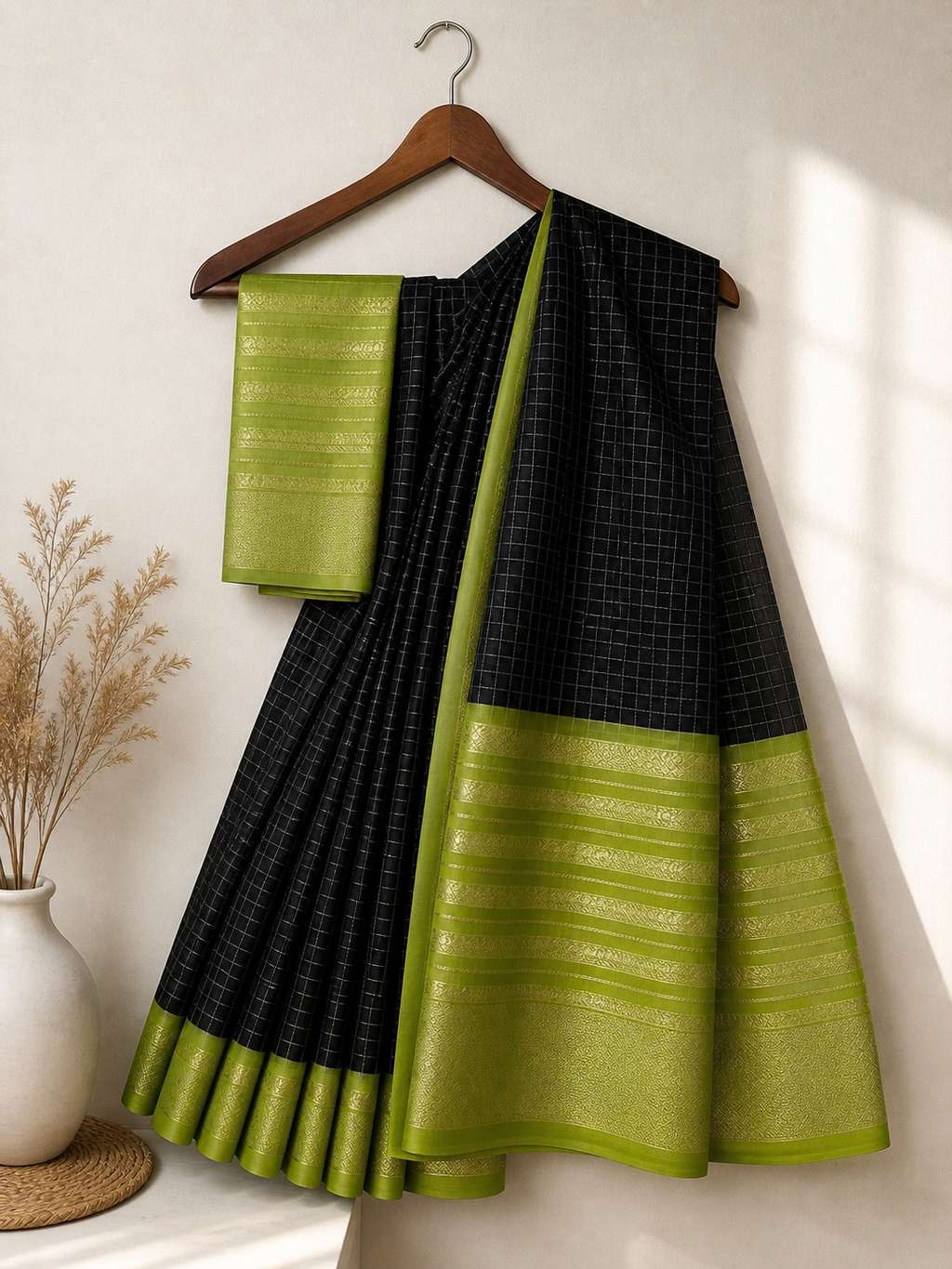 Gorgeous Black Body with Gold Zari Checks and the Vibrant Lime-Green Border with Gold Zari Border