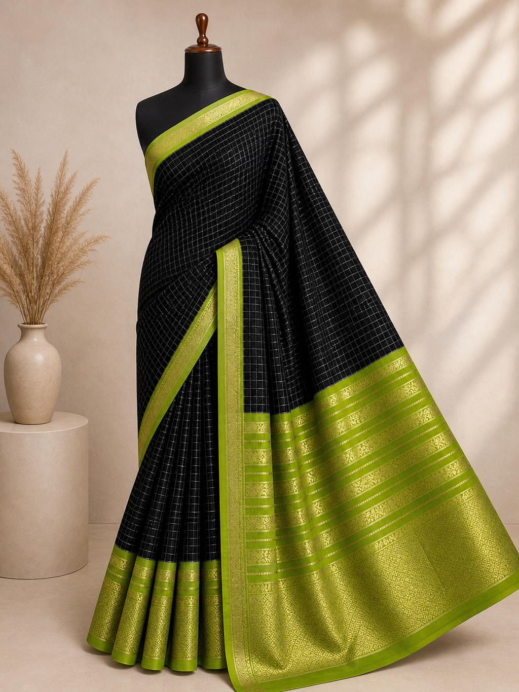 Gorgeous Black Body with Gold Zari Checks and the Vibrant Lime-Green Border with Gold Zari Border
