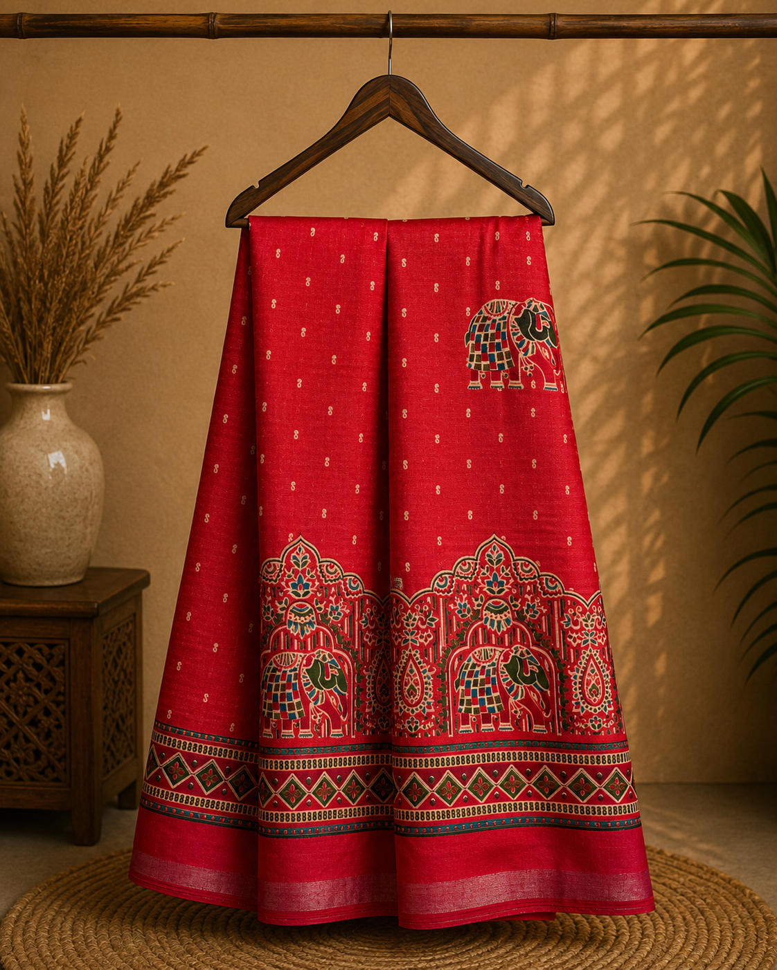 Gracefully designed in a rich rani pink shade, this saree features elegant elephant and heritage-inspired temple motifs Zari Line border- Cotton silk soft Saree